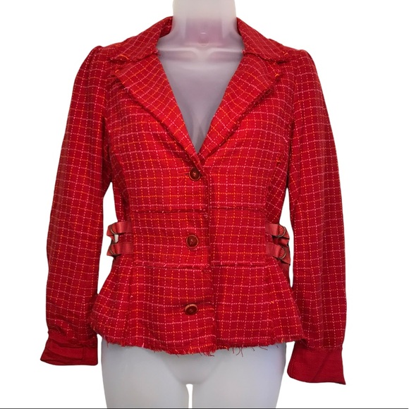 Free People Jackets & Blazers - Vintage Free People Tweed Fringe Blazer / Jacket Red Grid Plaid Size 4